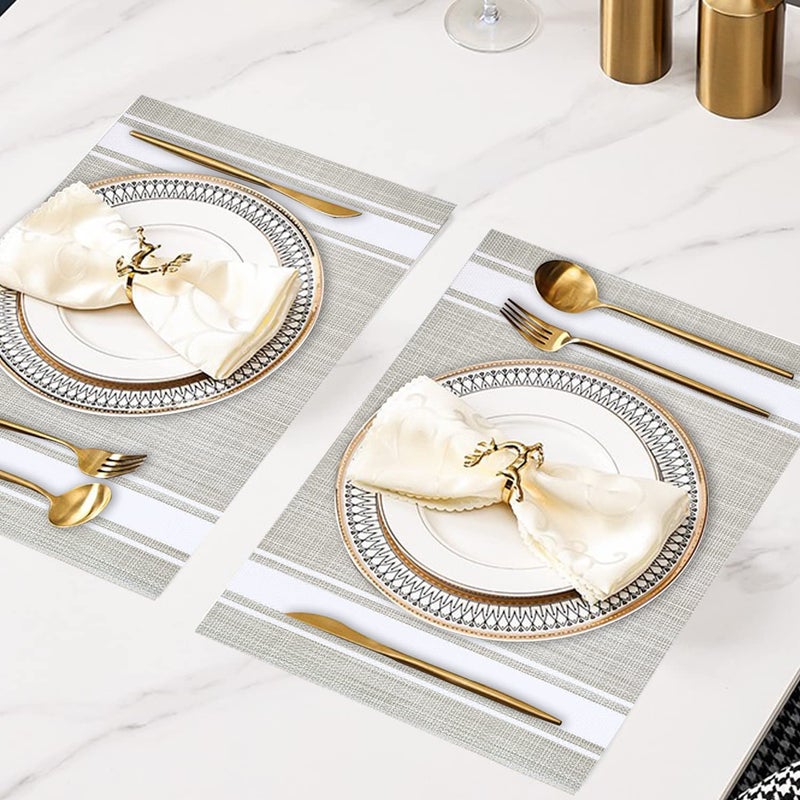 DACHUI Placemats Set of 6, Soft & Elegant Woven Vinyl Place Mats, Water Resistant, Heat Resistant, Washable, Durable Table Mats (White Stripes) - Image 2